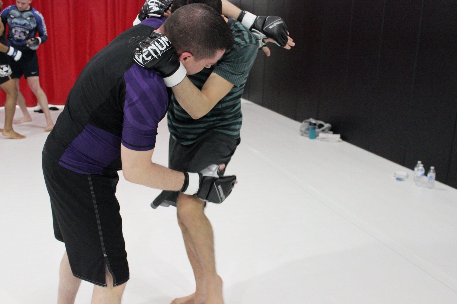 man in purple shirt and man in green striped shirt practising jiu-jitsu